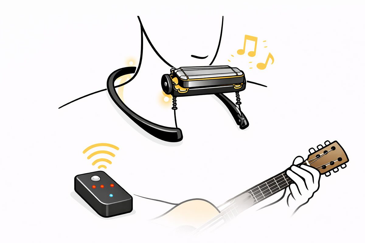 Playing harmonica hands-free with HarMotion while playing guitar