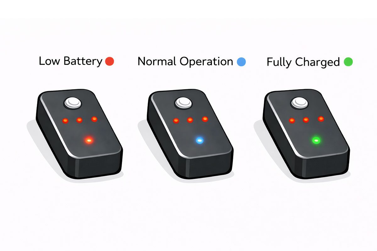 HarMotion battery lights: red for low, blue for normal, green for fully charged